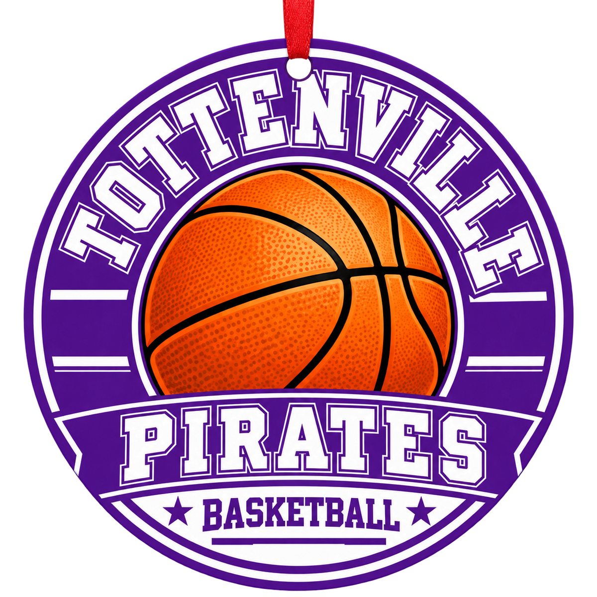 Tottenville High School Pirates basketball Christmas ornament in purple and white with red ribbon — Staten Island, NY