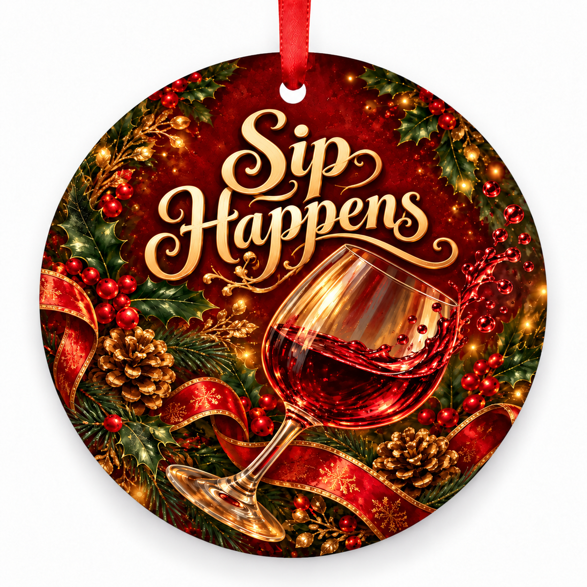 Sip Happens Christmas ornament with red hanging ribbon