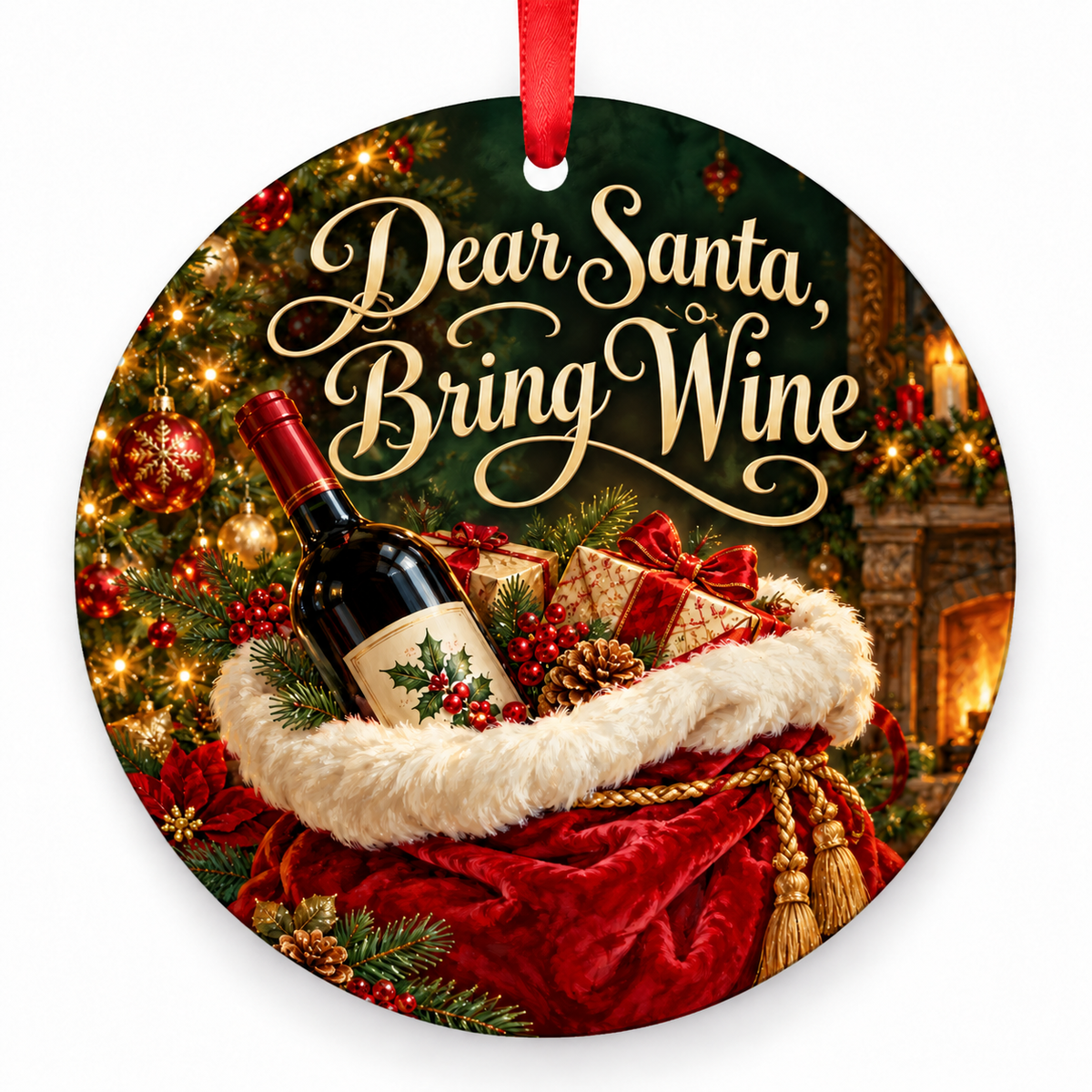 Dear Santa, Bring Wine Christmas ornament with red hanging ribbon