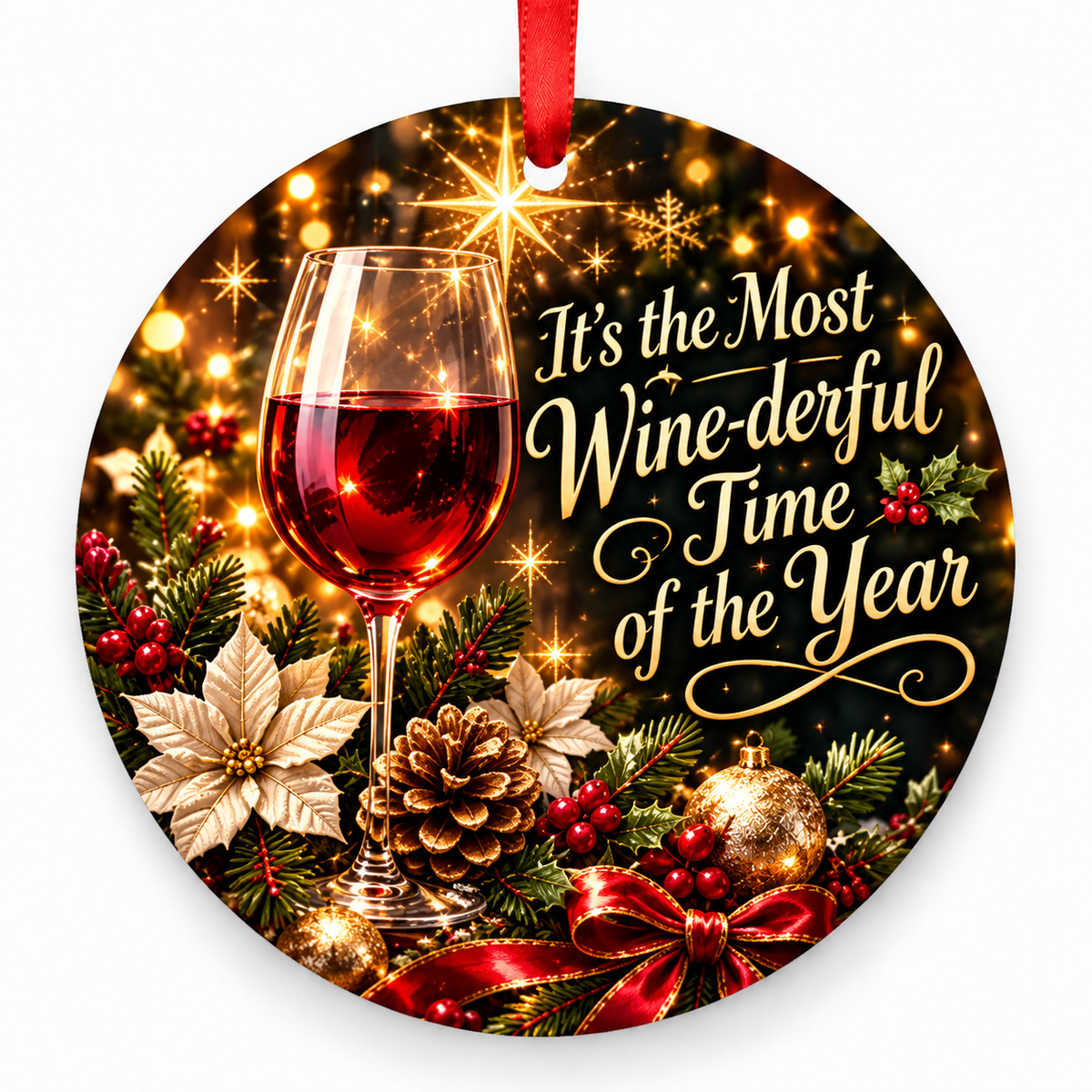 It’s the Most Wine-derful Time of the Year Christmas ornament with red hanging ribbon