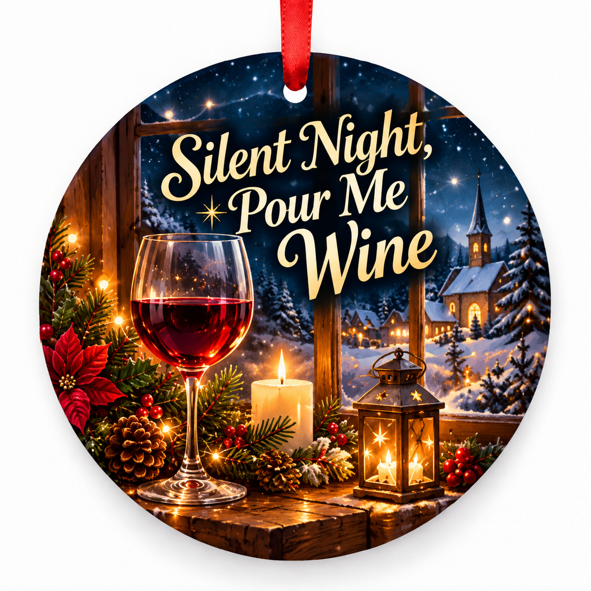 Silent Night, Pour Me Wine Christmas ornament with red hanging ribbon