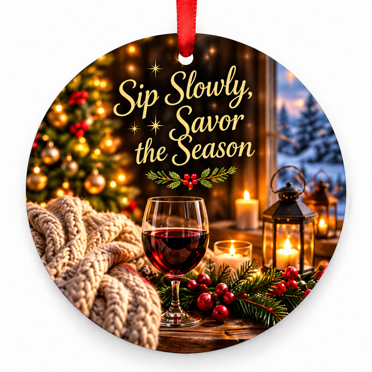 Sip Slowly, Savor the Season Christmas ornament with red hanging ribbon
