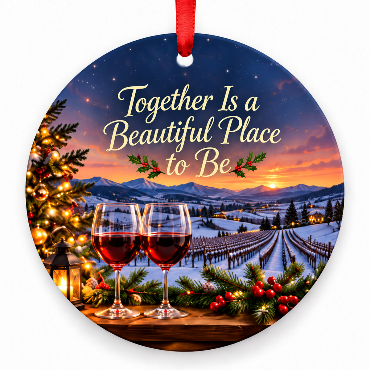 Together Is a Beautiful Place to Be Christmas ornament with red hanging ribbon