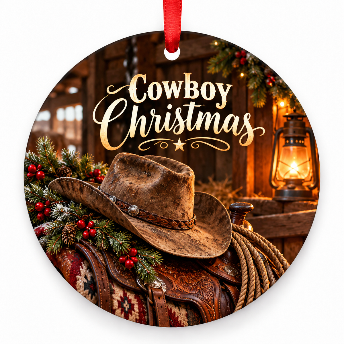Cowboy Christmas round Christmas ornament with red ribbon