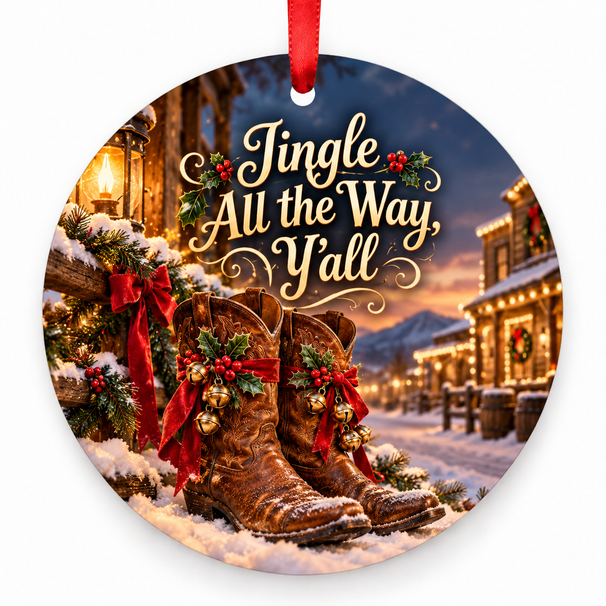 Jingle All the Way, Y’all round Christmas ornament with red ribbon