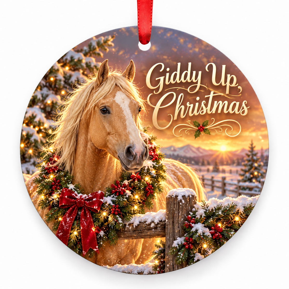 Giddy Up, Christmas round Christmas ornament with red ribbon