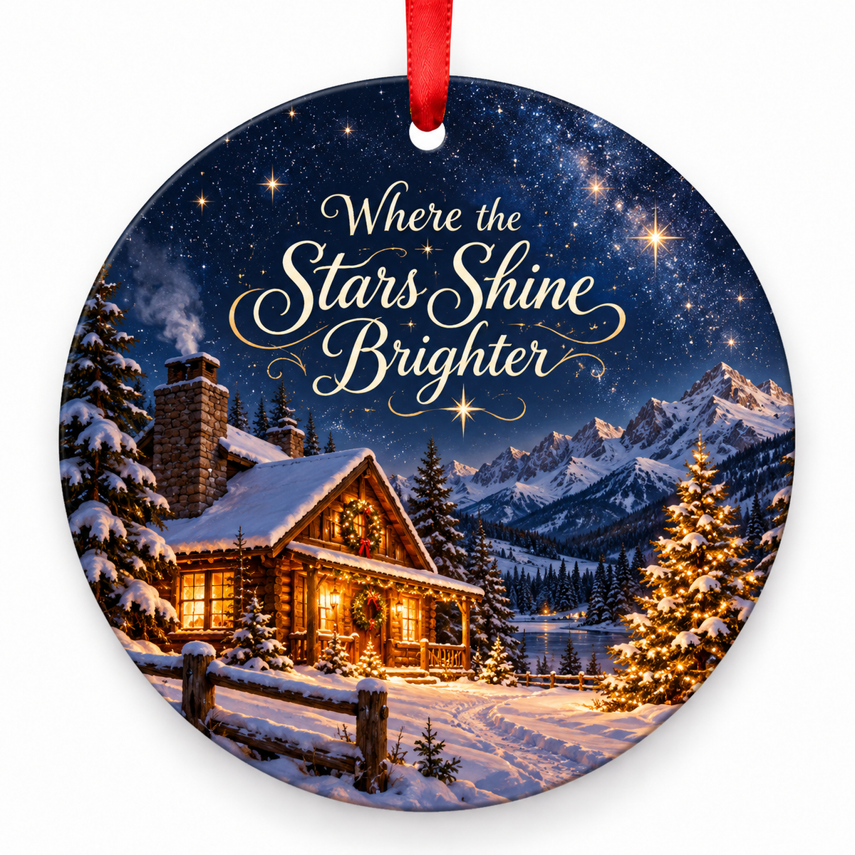 Where the Stars Shine Brighter round Christmas ornament with red ribbon
