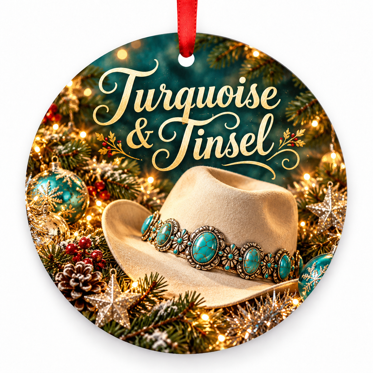 Turquoise & Tinsel round Christmas ornament with red ribbon