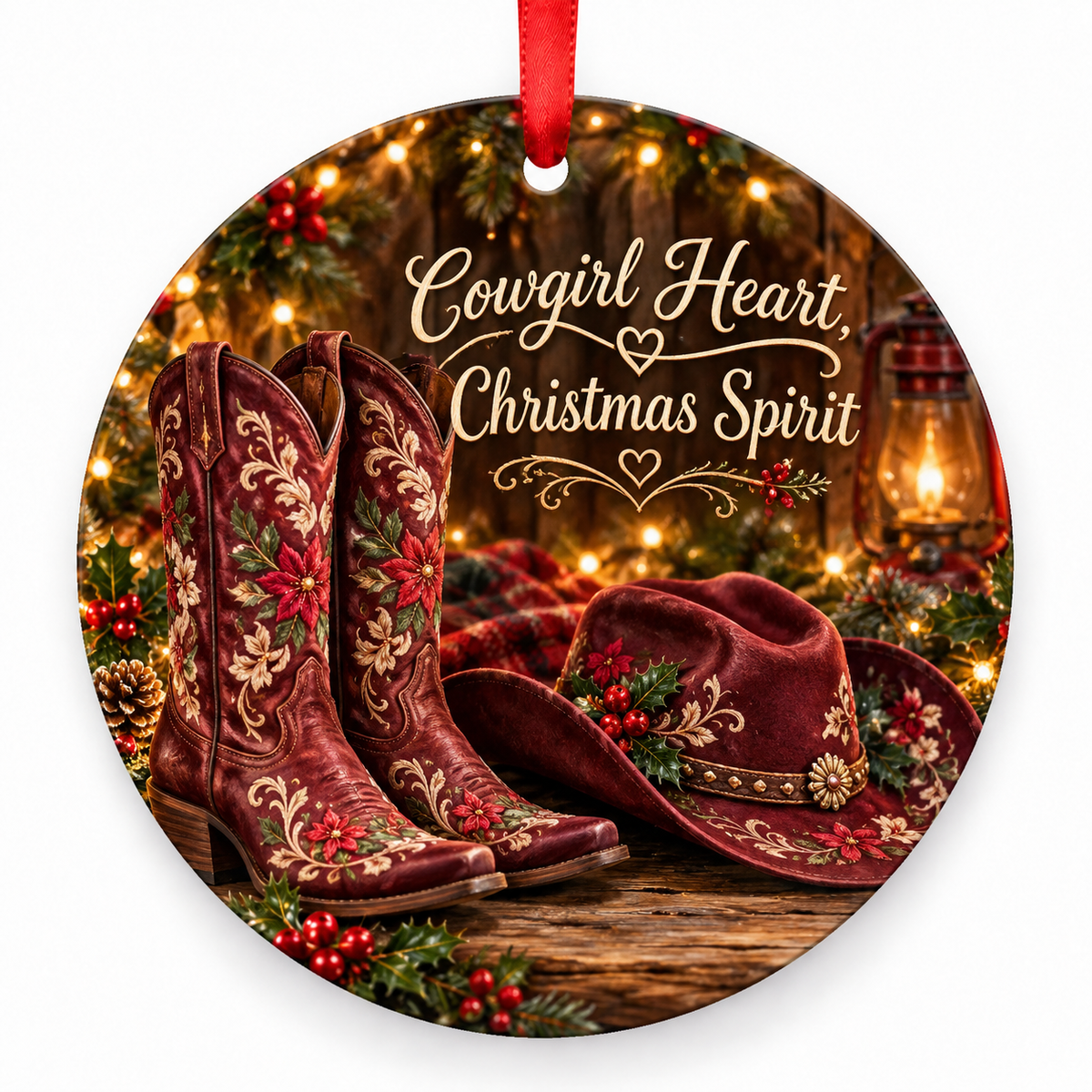 Cowgirl Heart, Christmas Spirit round Christmas ornament with red ribbon