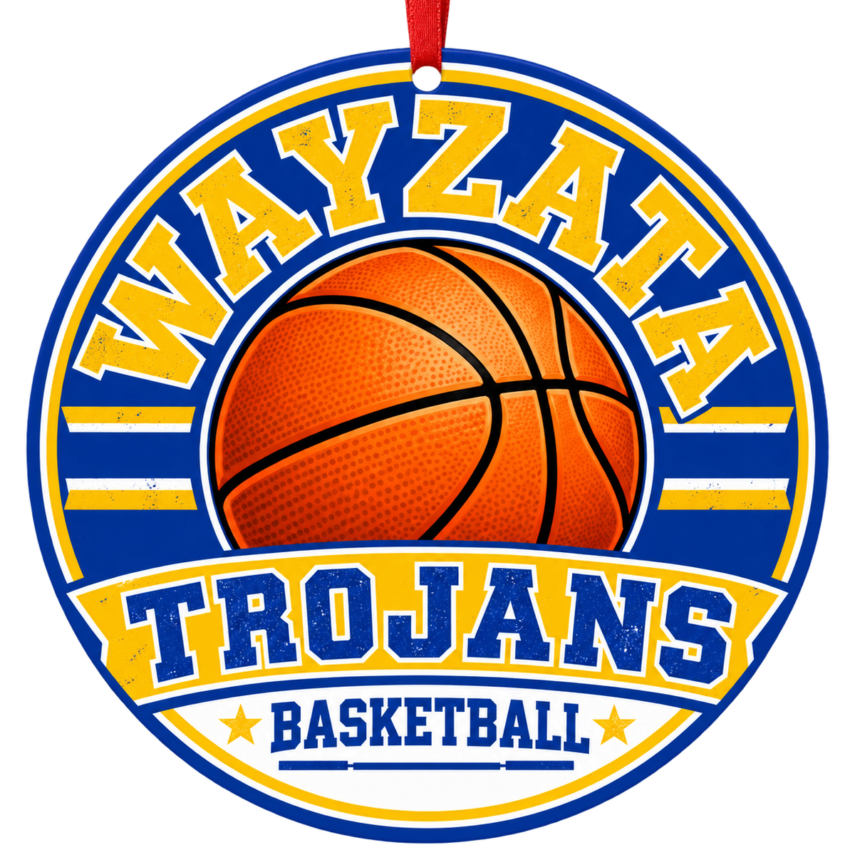 Wayzata High School Trojans Basketball Christmas ornament in royal blue and gold with red hanging ribbon — Plymouth, MN