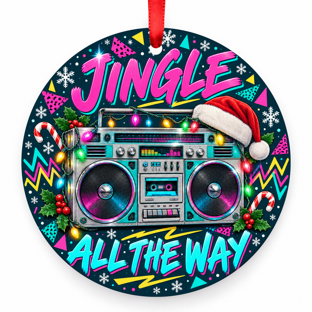 Jingle All the Way Boombox Christmas Ornament – Retro 1980s with red hanging ribbon