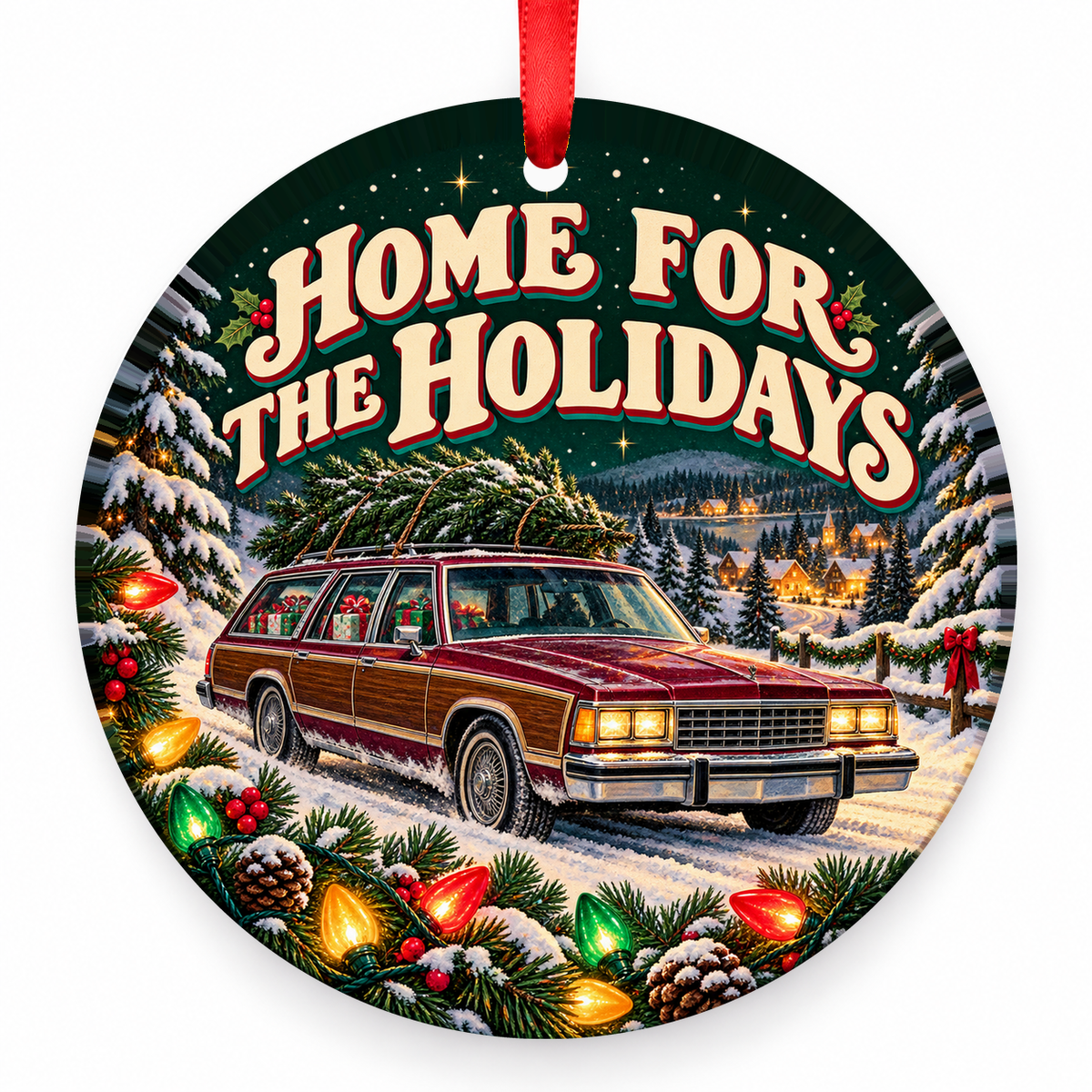 Home for the Holidays Station Wagon Christmas Ornament with red hanging ribbon
