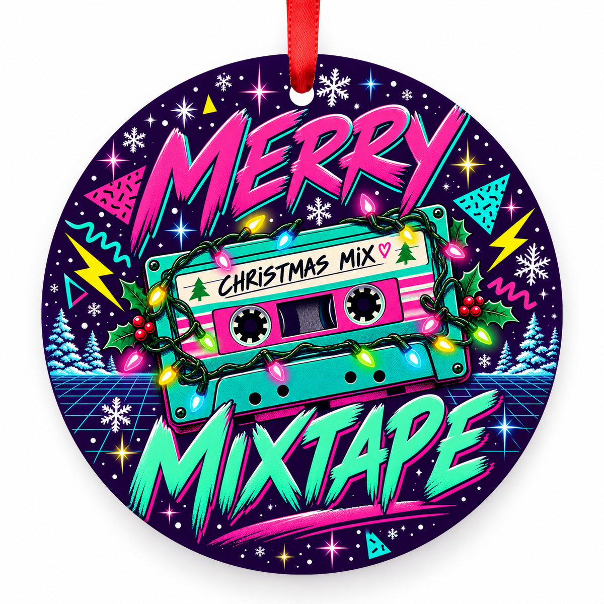 Merry Mixtape 1980s cassette Christmas ornament with neon artwork and red hanging ribbon