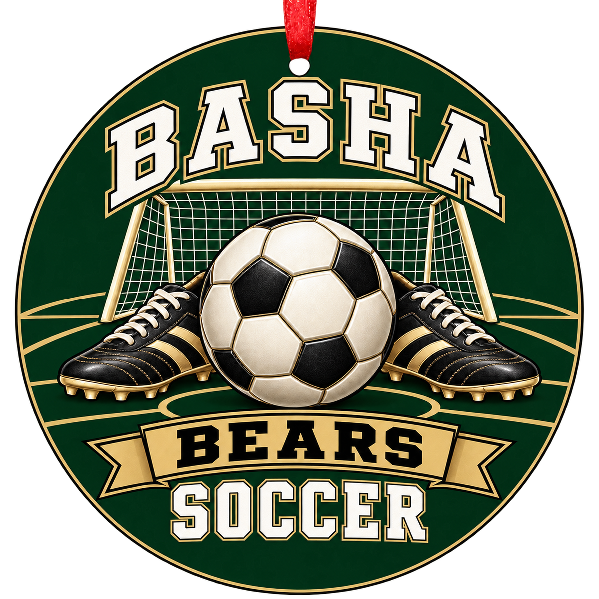 Basha Bears soccer Christmas ornament, Goal and Cleats design, Chandler, Arizona