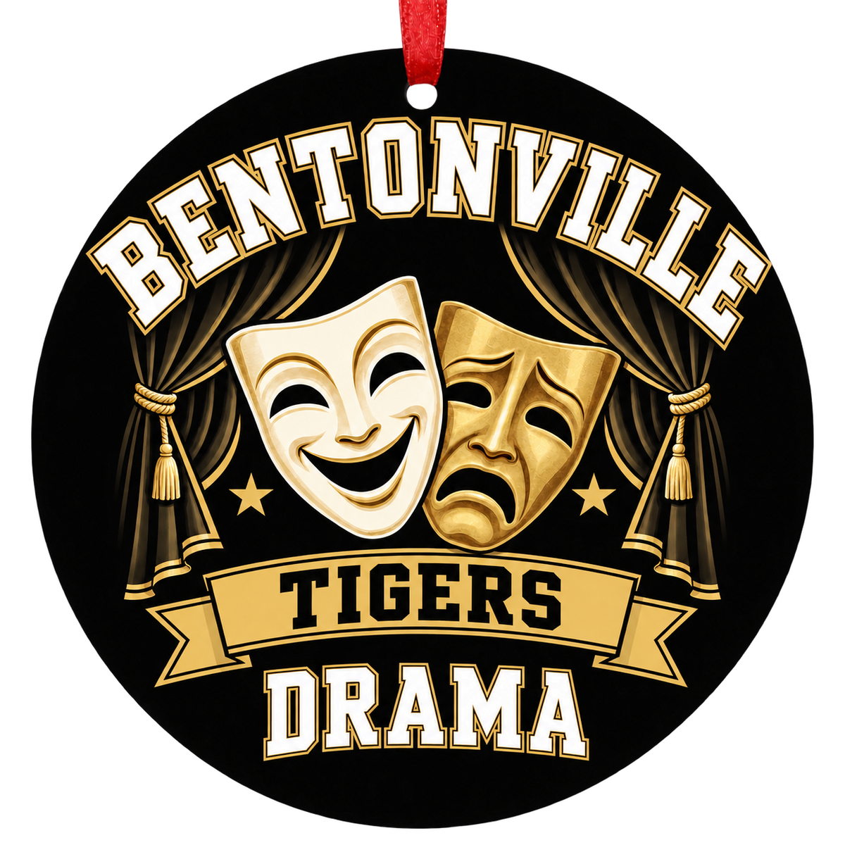 Bentonville Tigers Drama Christmas ornament with theater-inspired artwork, black and gold school colors, and red ribbon.