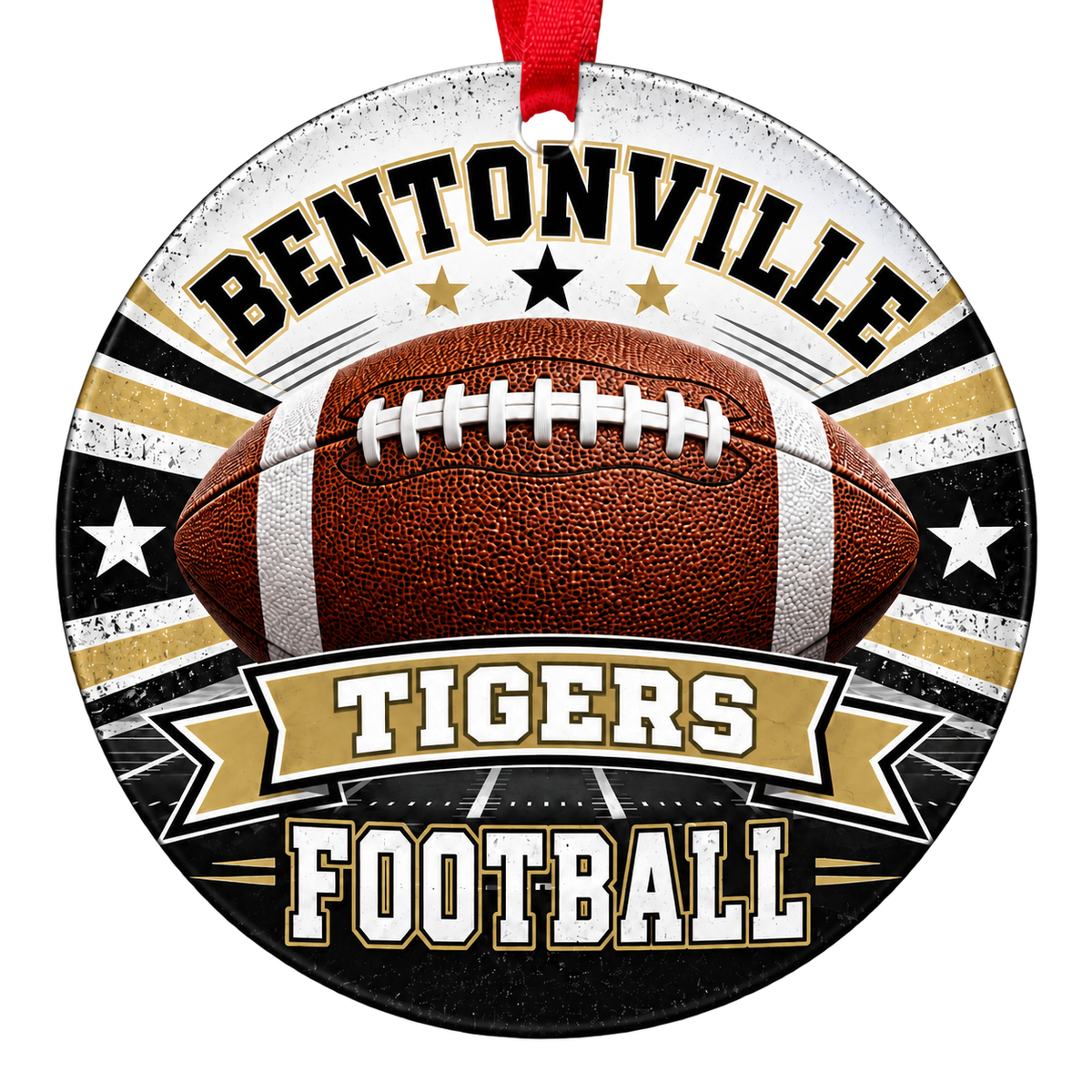 Bentonville Tigers football Christmas ornament in black, Vegas gold and white