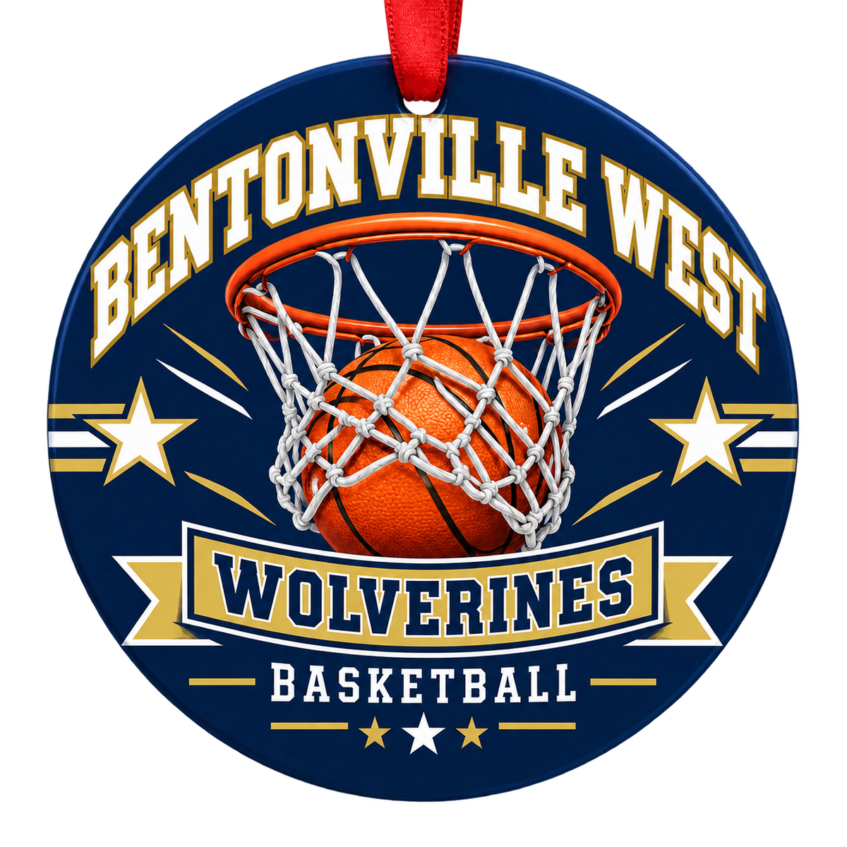 Bentonville West Wolverines Basketball ornament, basketball passing through a hoop, navy and gold, red hanging ribbon.