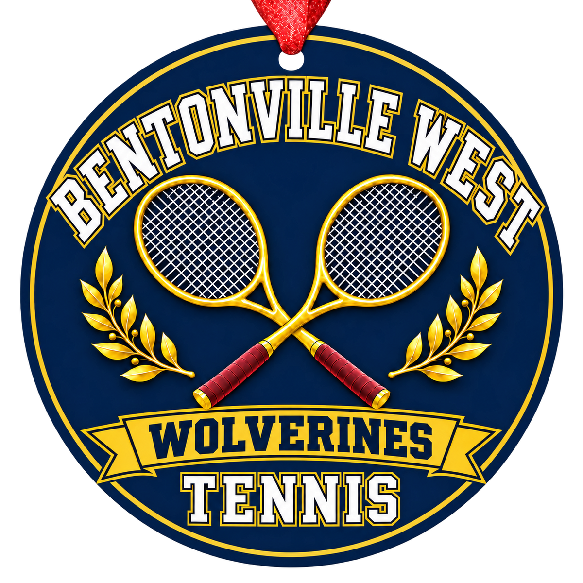 Bentonville West Wolverines Tennis ornament, crossed tennis rackets and laurel details, navy and gold, red hanging ribbon.