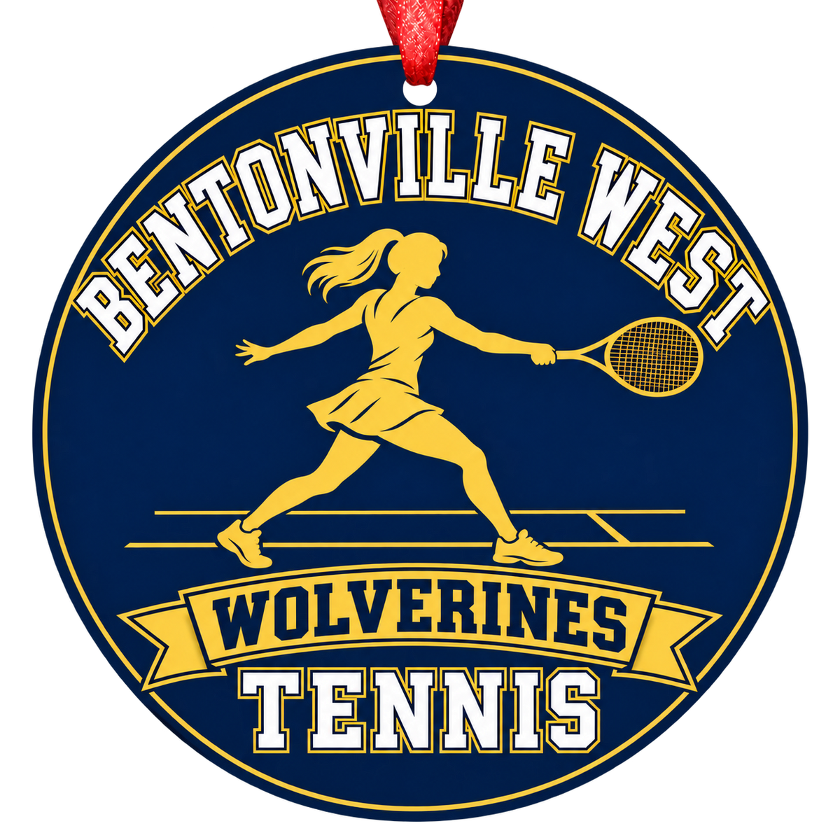 Bentonville West Wolverines Tennis ornament, tennis player silhouette, navy and gold, red hanging ribbon.