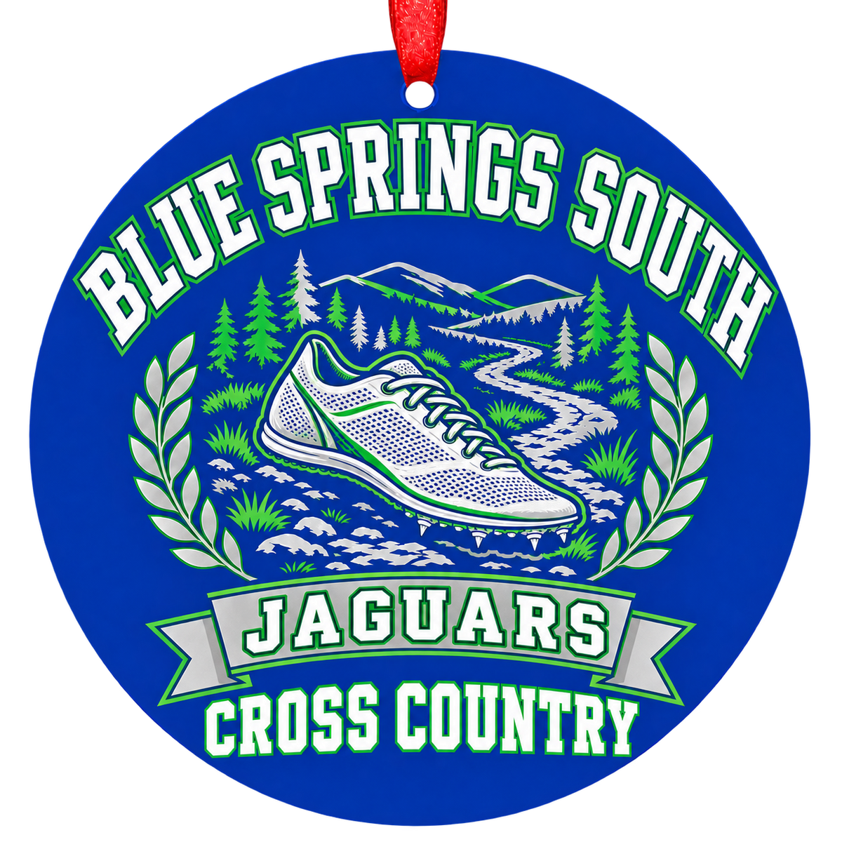 Blue Springs South Jaguars cross country Christmas ornament in blue, green, and silver