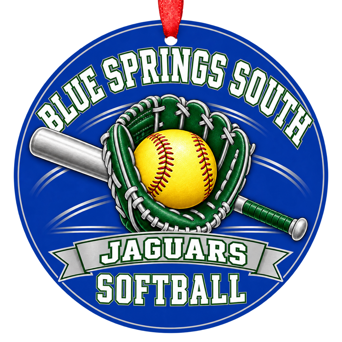 Blue Springs South Jaguars softball Christmas ornament in blue, green, and silver