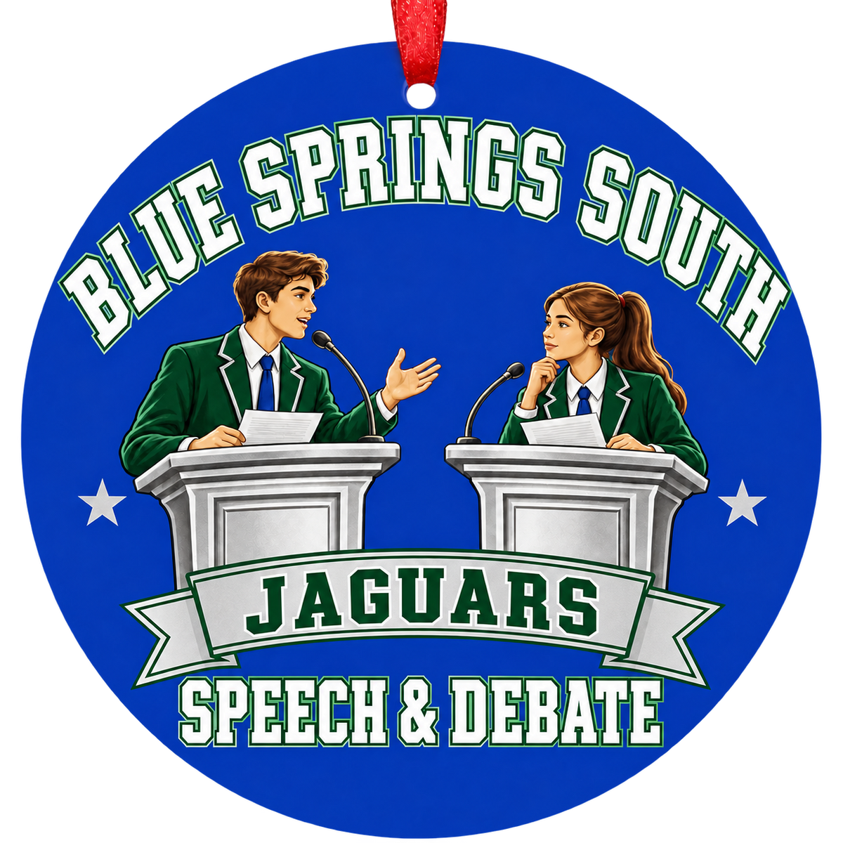 Blue Springs South Jaguars speech and debate Christmas ornament in blue, green, and silver
