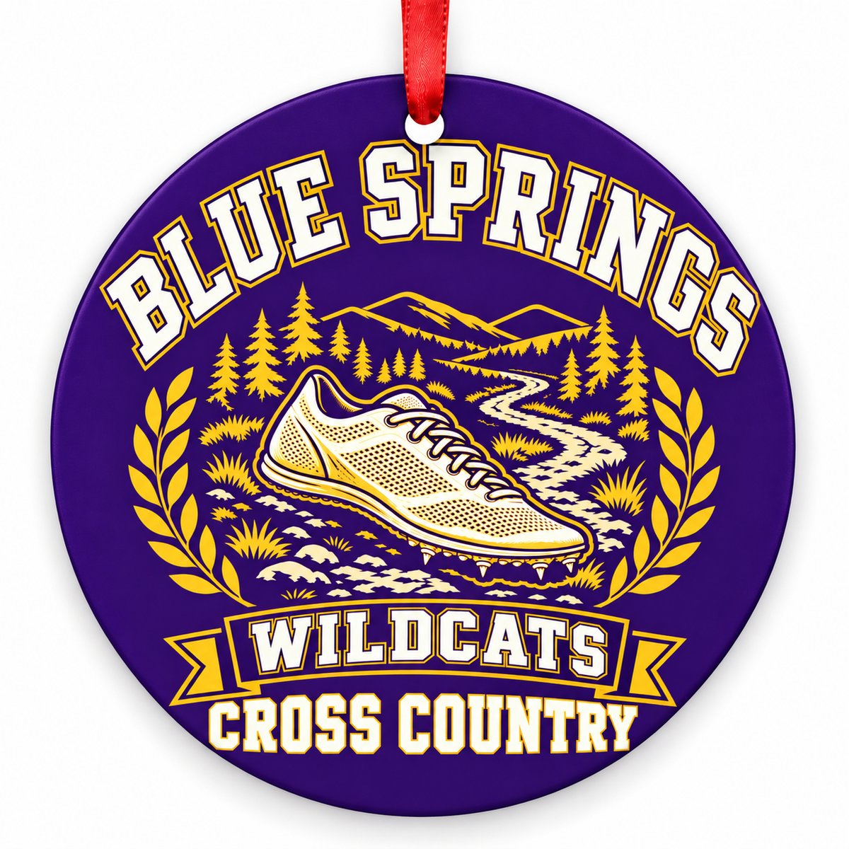 Blue Springs Wildcats cross country Christmas ornament, Design 1, purple and gold with red ribbon