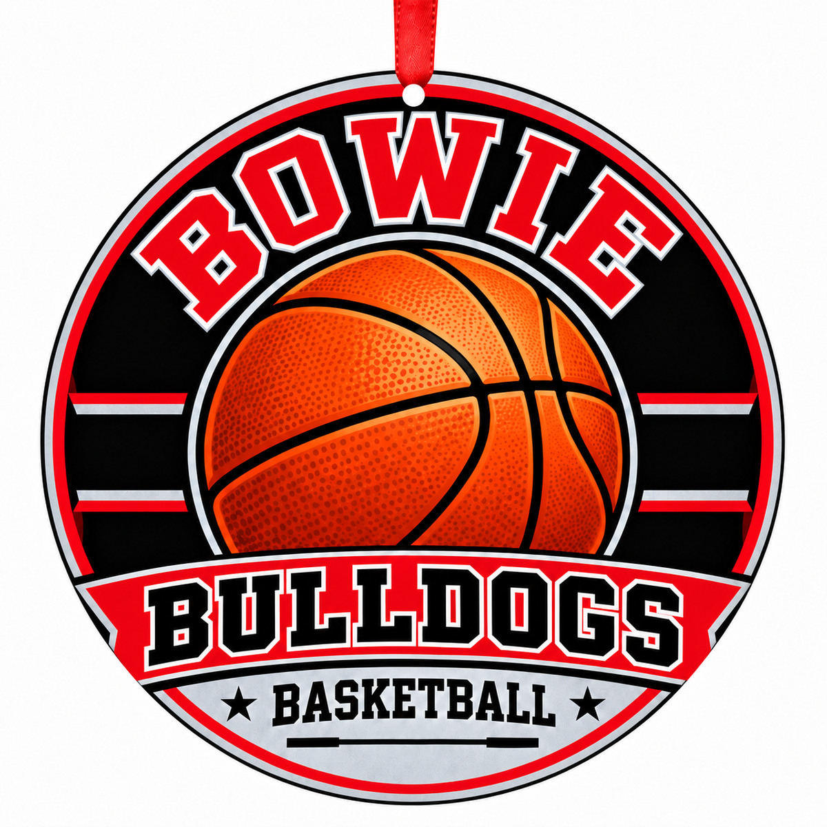 Bowie High School Bulldogs basketball Christmas ornament in red, black, and silver with red ribbon, Austin, Texas