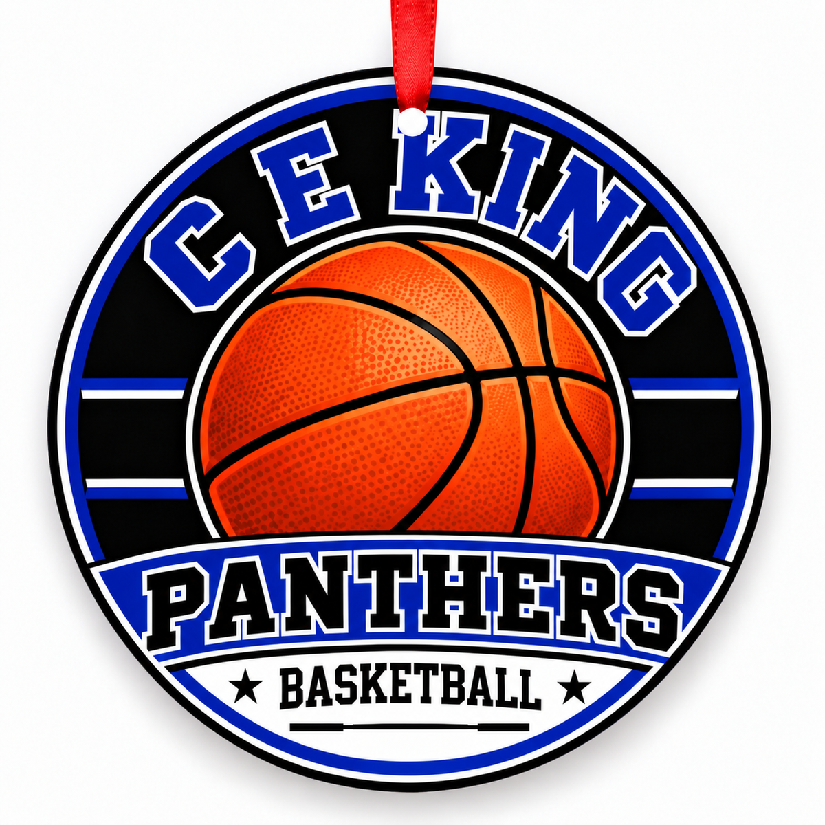 C. E. King High School Panthers basketball Christmas ornament in blue, black and white with red ribbon, Houston, Texas
