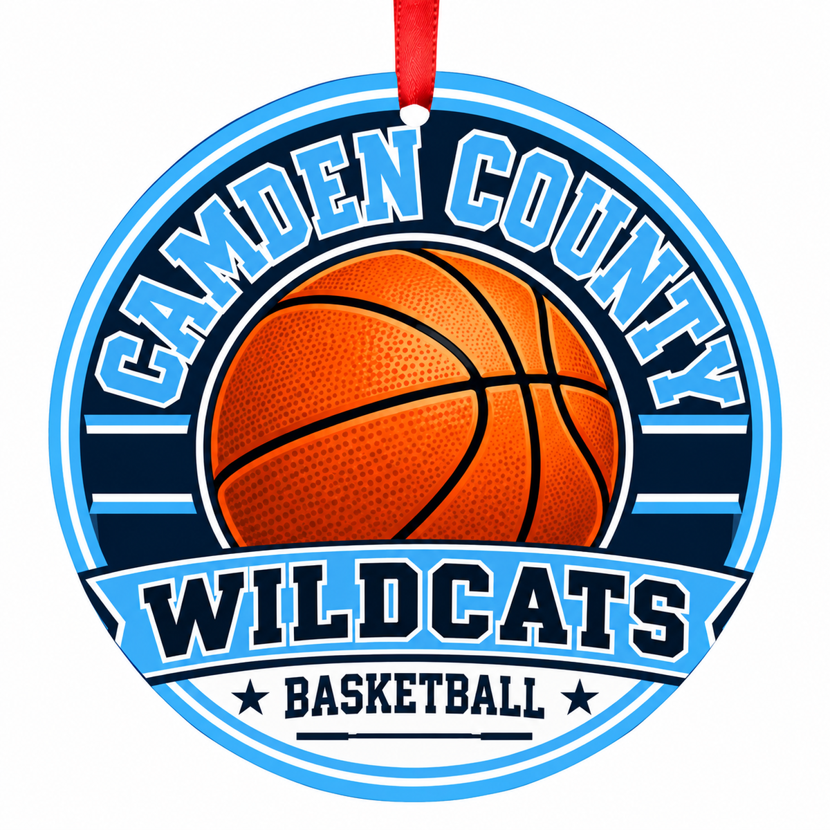 Camden County High School Wildcats basketball Christmas ornament in Columbia blue and white with red ribbon, Kingsland, Georgia