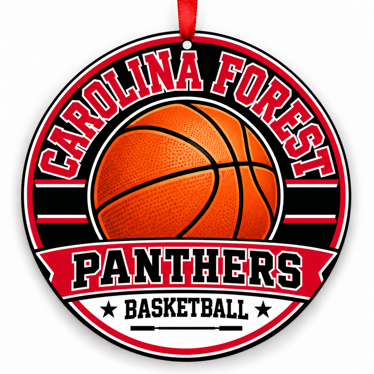 Carolina Forest High School Panthers basketball Christmas ornament in crimson, white, black and silver with red ribbon, Myrtle Beach, South Carolina
