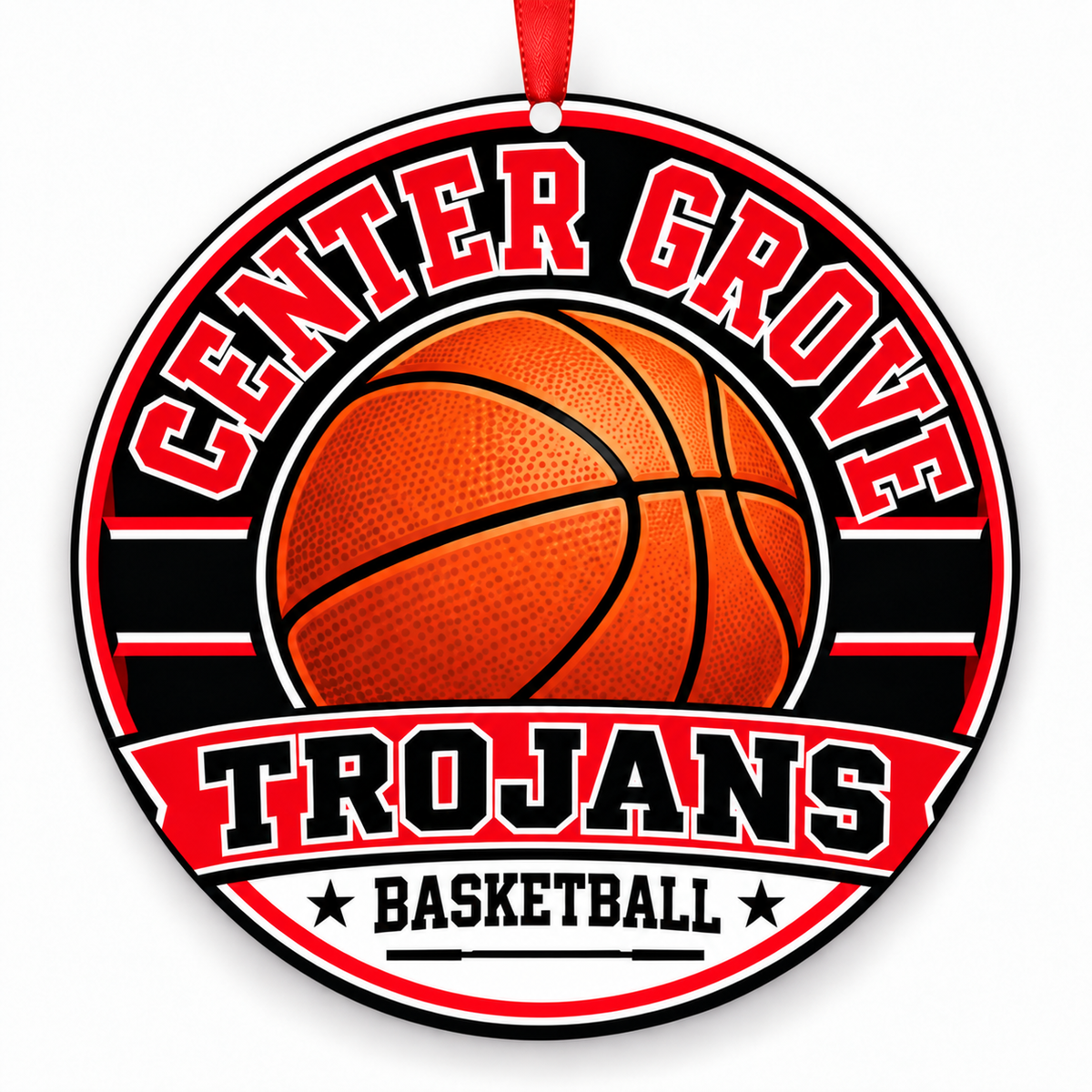 Center Grove High School Trojans basketball Christmas ornament in red, white with red ribbon, Greenwood, Indiana