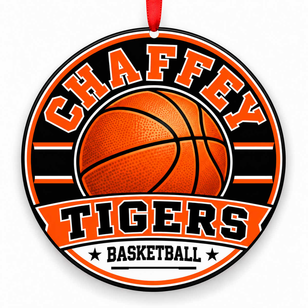 Chaffey High School Tigers basketball Christmas ornament in orange, black with red ribbon, Ontario, California