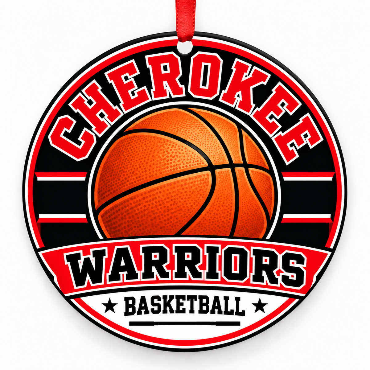 Cherokee High School Warriors basketball Christmas ornament in red, white with red ribbon, Canton, Georgia
