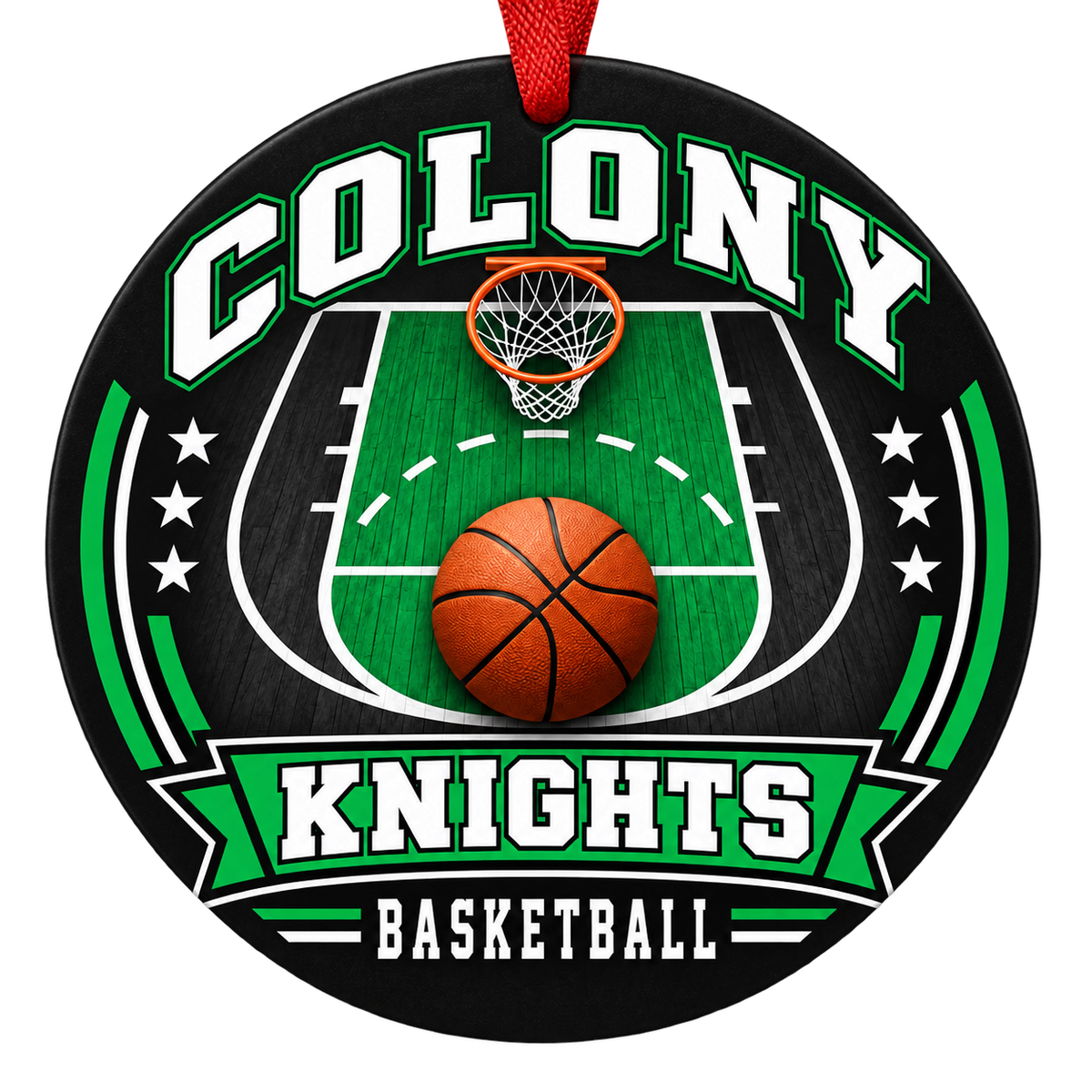 Colony Knights basketball court design Christmas ornament in kelly green, black and white for Colony High School, Palmer, Alaska