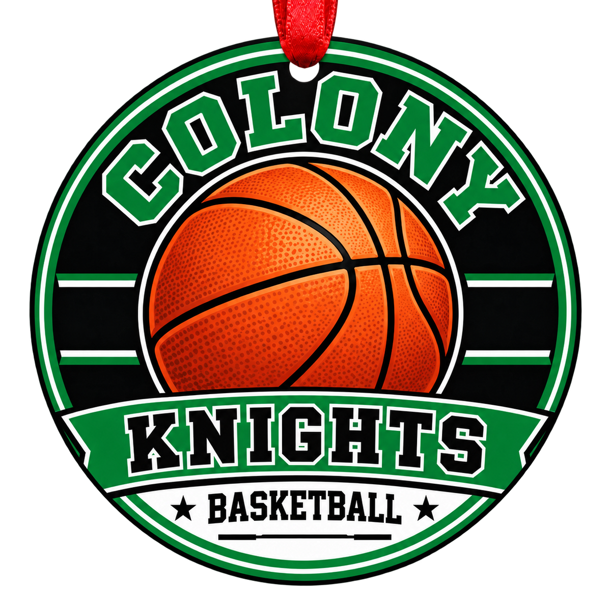 Colony High School Knights basketball Christmas ornament in kelly green and black and white with red hanging ribbon