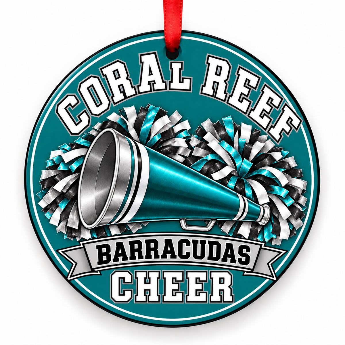 Coral Reef Senior High School Barracudas cheer ornament – Megaphone and Pom-Poms