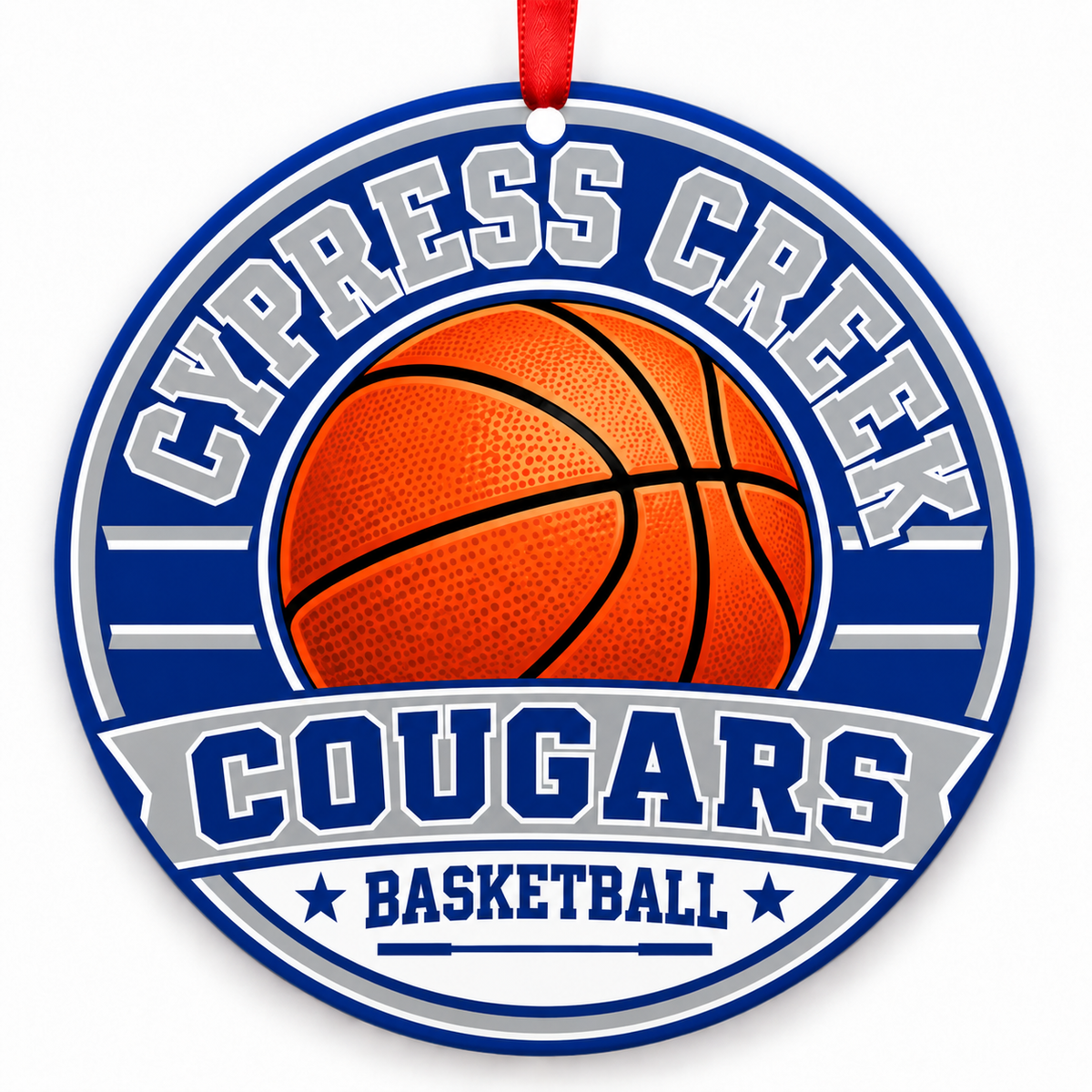Cypress Creek High School Cougars basketball Christmas ornament in blue and silver with red ribbon, Houston, Texas
