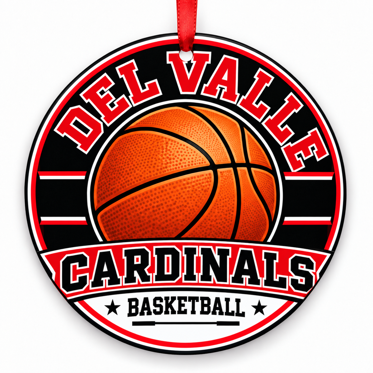 Del Valle High School Cardinals basketball Christmas ornament in red, white and black with red ribbon, Del Valle, TX