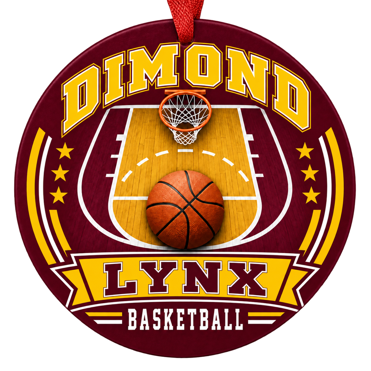 Dimond Lynx basketball court design Christmas ornament in maroon and gold for Dimond High School, Anchorage, Alaska