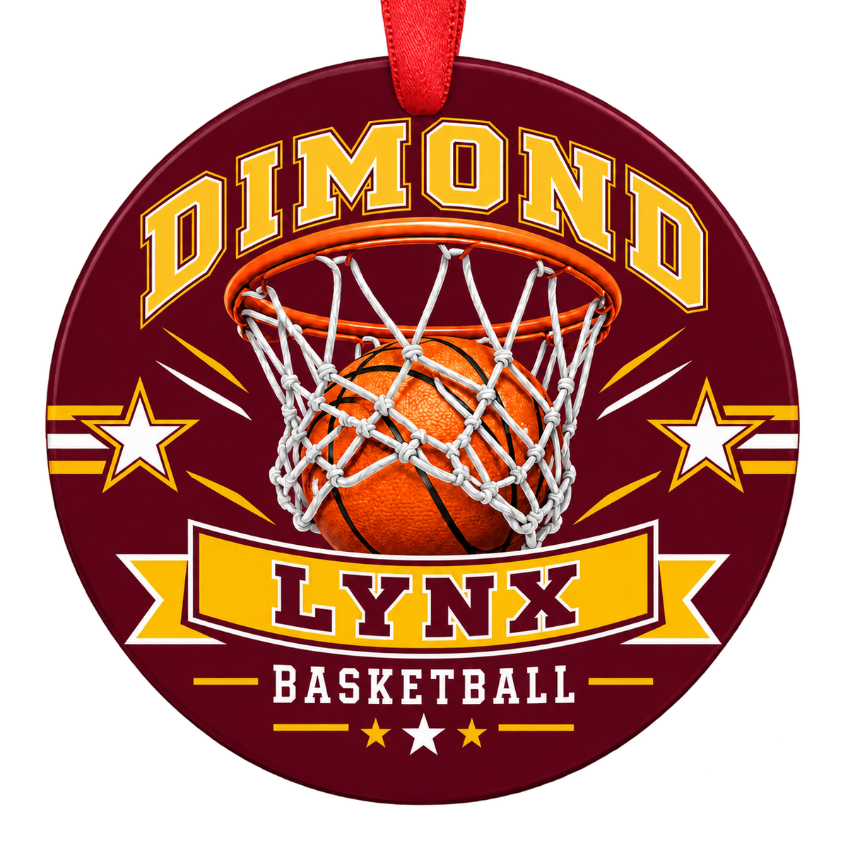 Dimond Lynx basketball hoop design Christmas ornament in maroon and gold for Dimond High School, Anchorage, Alaska