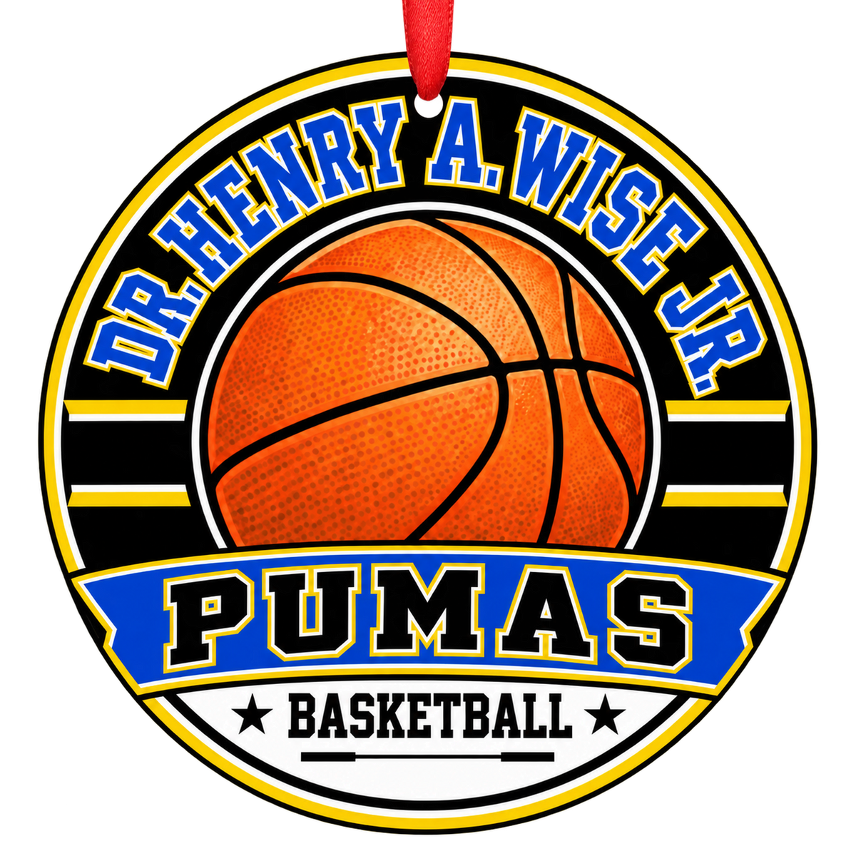 Dr. Henry A. Wise Jr. High Pumas basketball ornament in verified official palette: royal blue, black, gold. official named colors; no numeric codes published with a red ribbon, Upper Marlboro MD