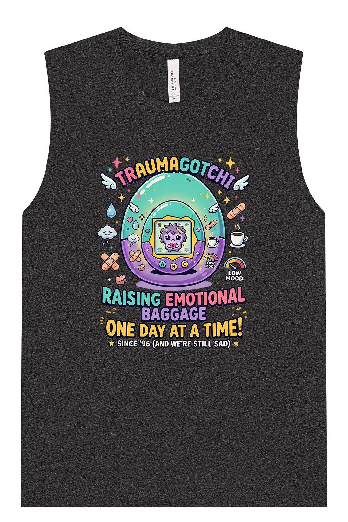 The image is a graphic design featuring a colorful, whimsical illustration of a character in a bag, surrounded by various objects and symbols. The text on the image includes the phrases "Trauma gotcha", "Raising emotional baggage", "One day at a time!", and "Since 1996 (and we're still sad)".