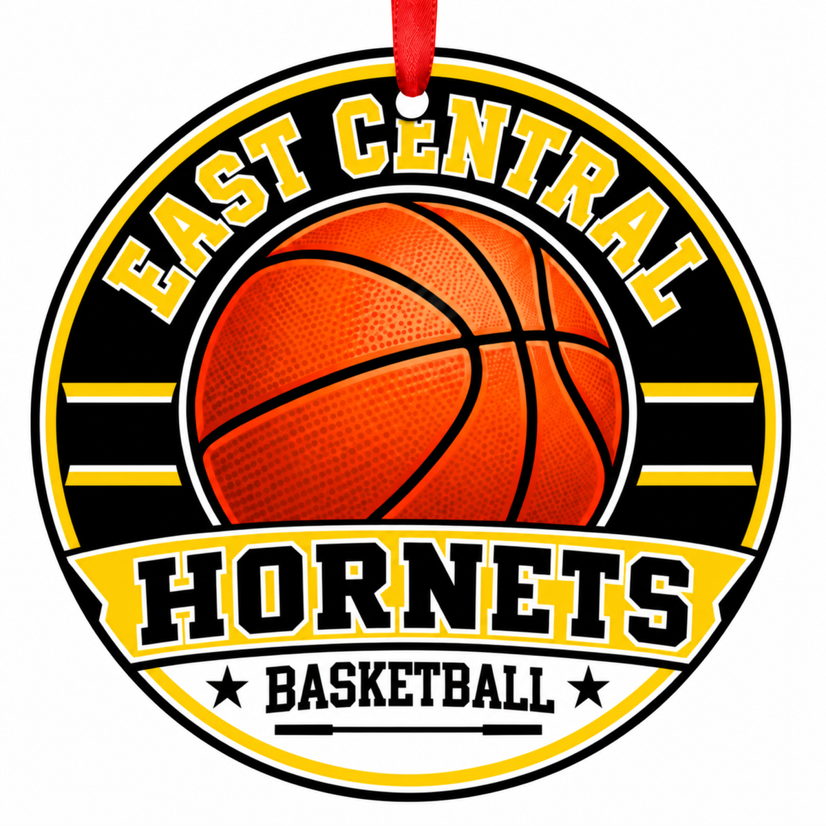 East Central High School Hornets basketball Christmas ornament in gold and black with red ribbon, San Antonio, Texas; corrected EAST CENTRAL lettering