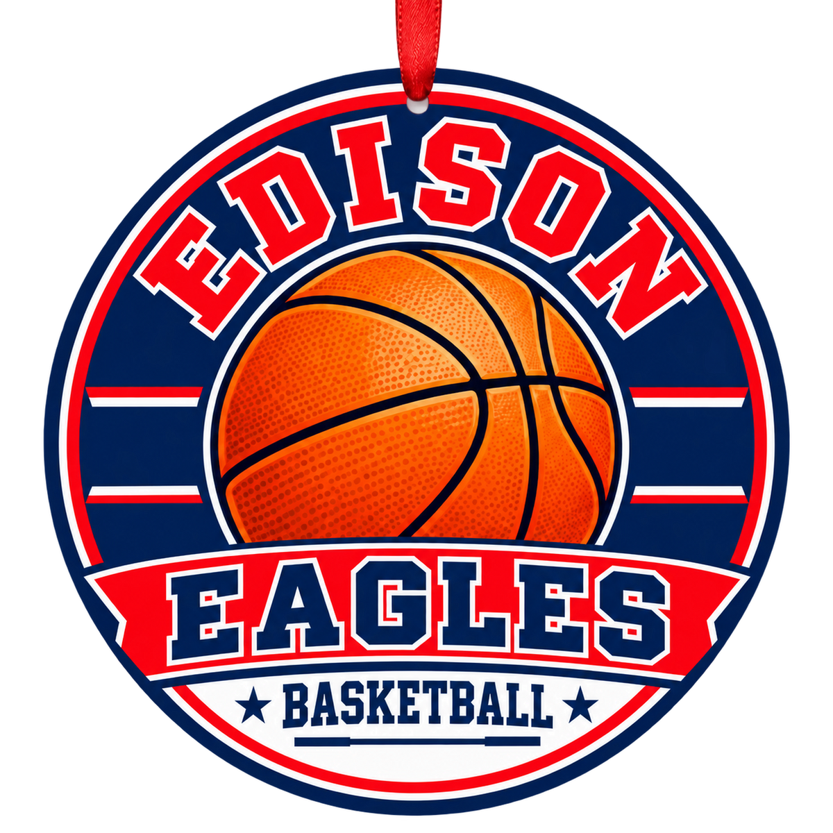 Edison High Eagles basketball ornament in verified official palette: red, white, navy blue. official visual approximation; no numeric codes published with a red ribbon, Alexandria VA