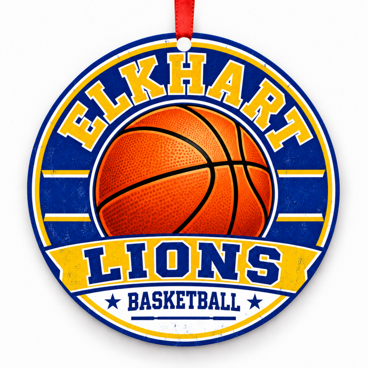 Elkhart High School Lions basketball Christmas ornament in blue and gold with red ribbon, Elkhart, Indiana