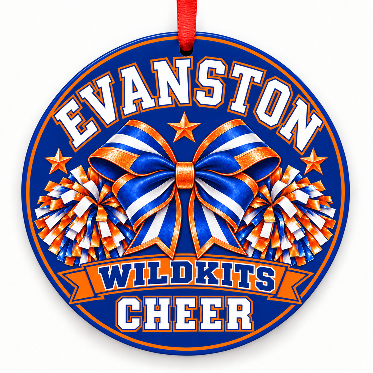 Evanston Township High School Wildkits cheer Christmas ornament — Bow and Pom-Poms