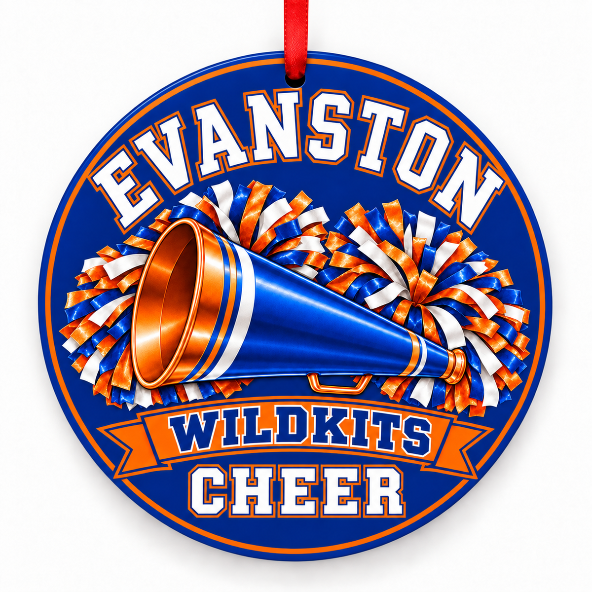 Evanston Township High School Wildkits cheer Christmas ornament — Megaphone and Pom-Poms