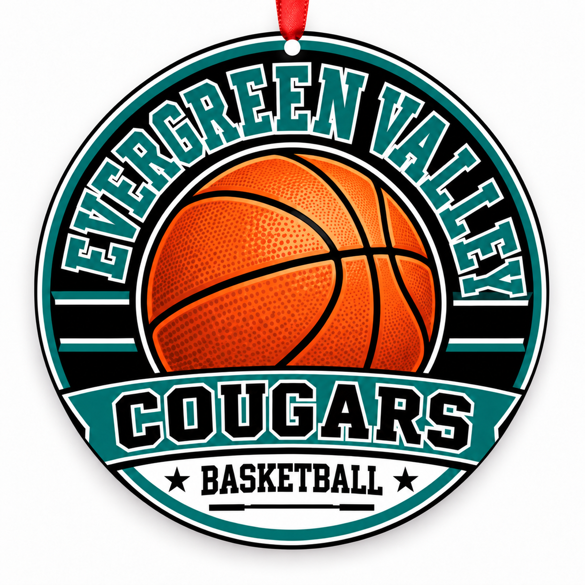 Evergreen Valley High School Cougars basketball Christmas ornament in black and teal with red ribbon, San Jose, California