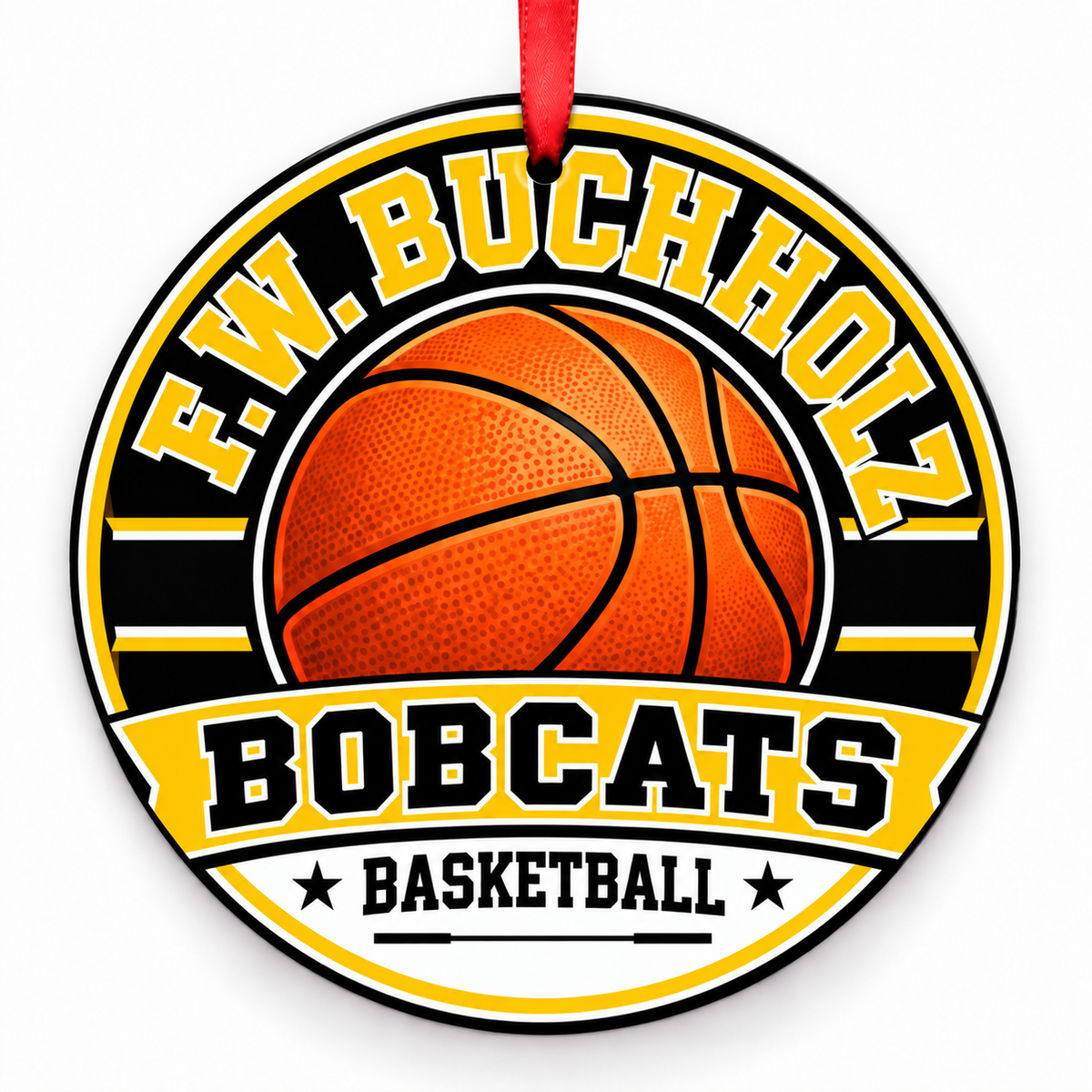 F. W. Buchholz High School Bobcats basketball ornament in black and gold with a red ribbon, Gainesville Florida